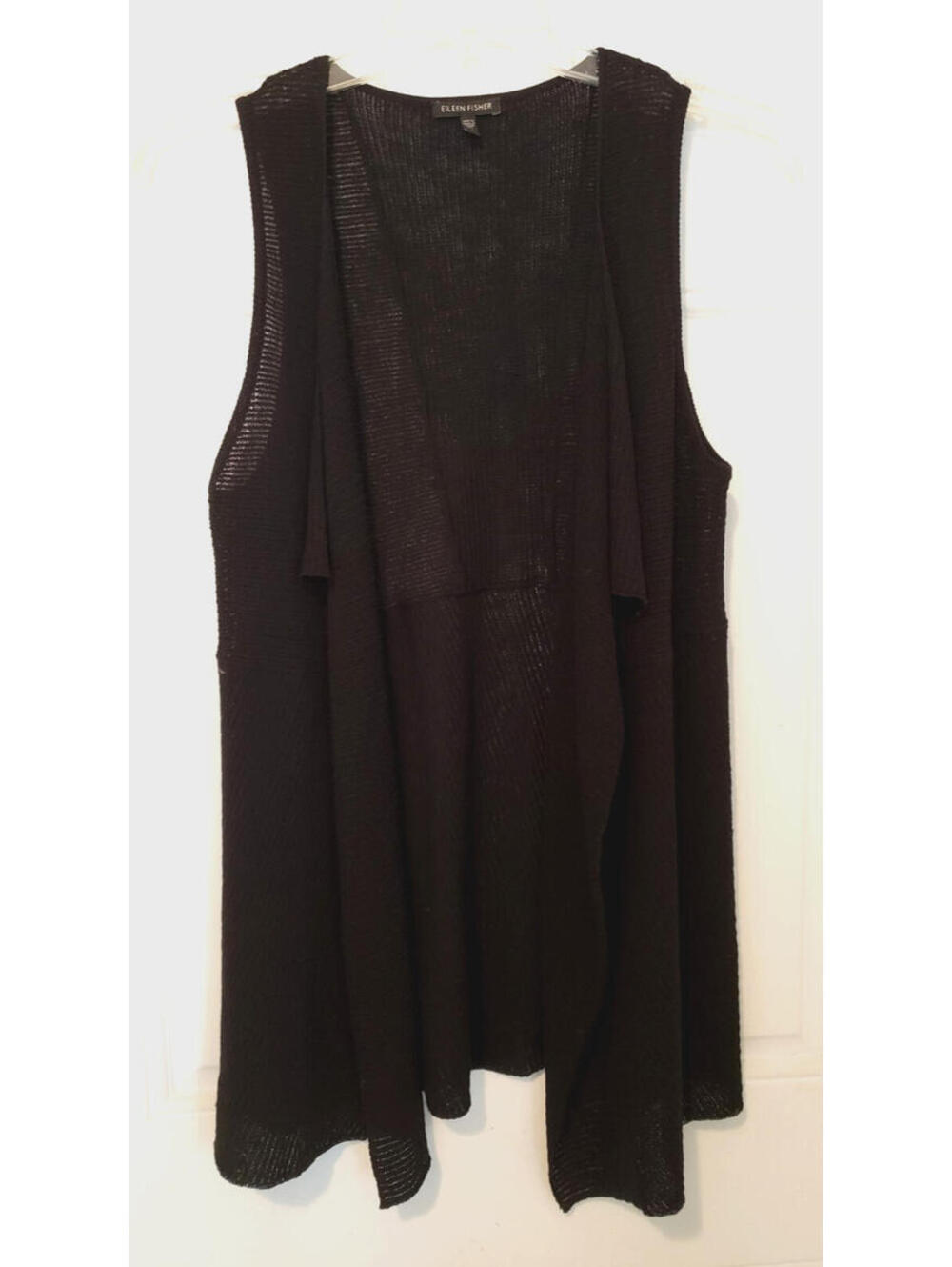 Eileen Fisher  Black Cascading Open Front Wool Sweater Vest M